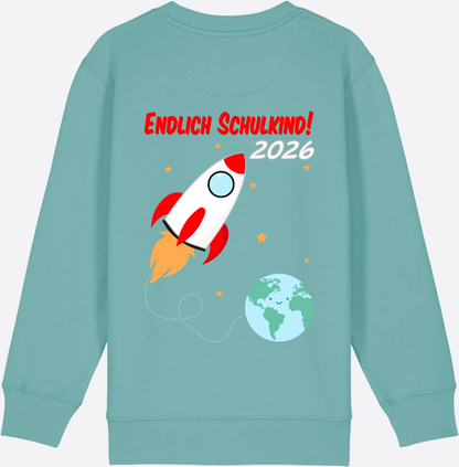 Kinder Sweatshirt Endlich Schulkind 2026 - Rakete mit Name - Teal Monstera