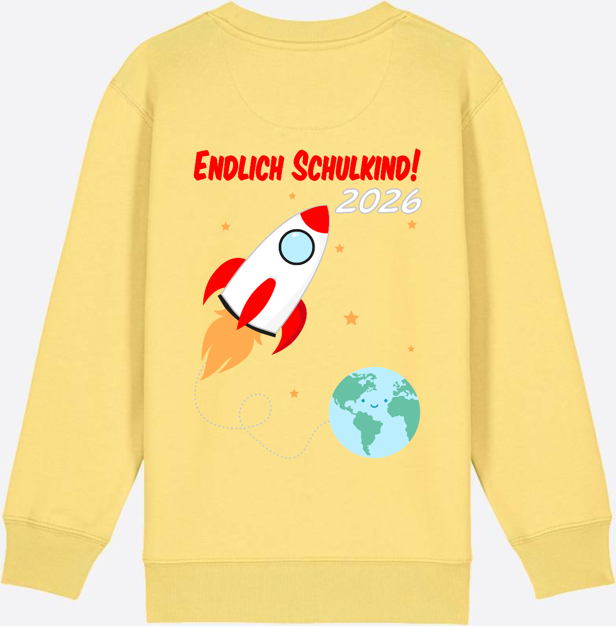Kinder Sweatshirt Endlich Schulkind 2026 - Rakete mit Name - Viva Yellow