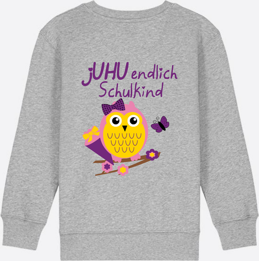 Kinder Sweatshirt jUHU endlich Schulkind Eule & Schultüte - Heather Grey