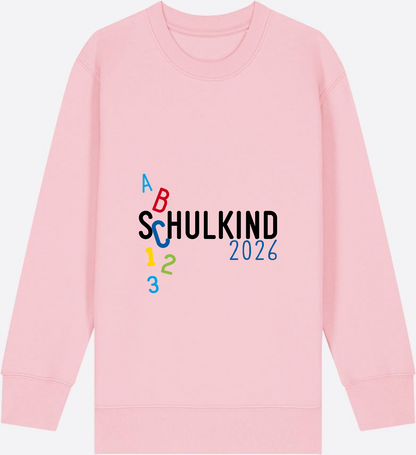 Kinder Sweatshirt Schulkind 2026 ABC Blau mit Name - Cotton Pink Herzseite