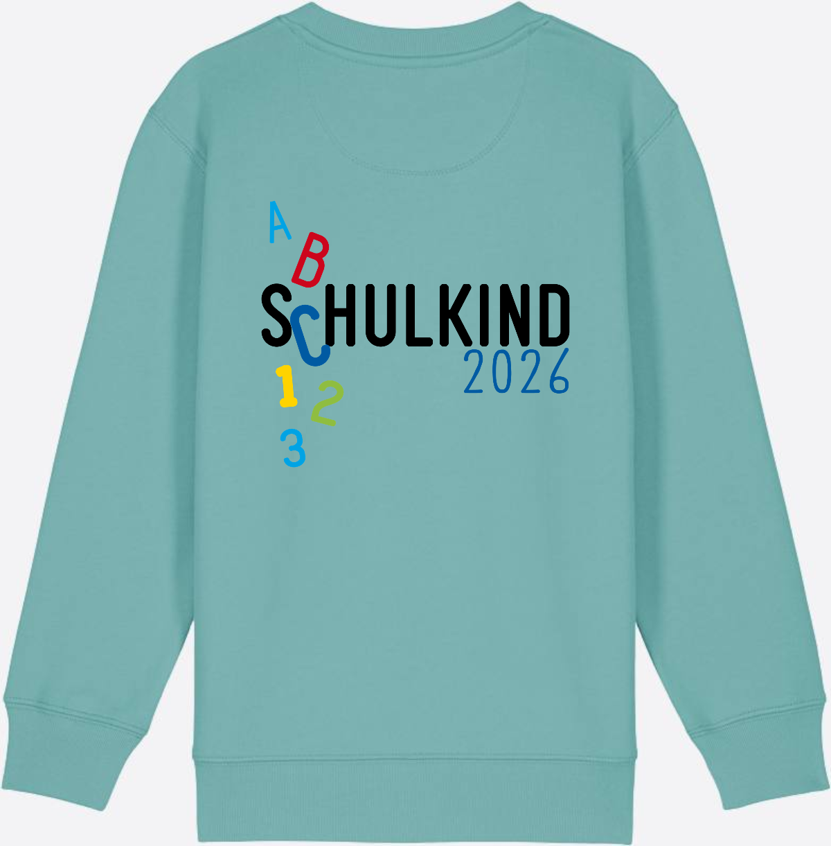 Kinder Sweatshirt Schulkind 2026 ABC Blau mit Name - Teal Monstera