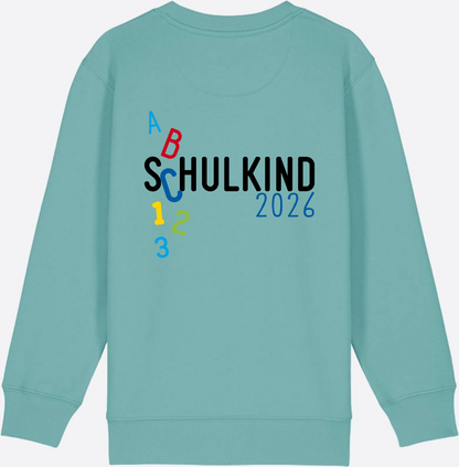 Kinder Sweatshirt Schulkind 2026 ABC Blau mit Name - Teal Monstera