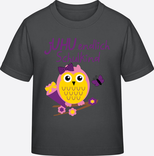 Kinder T-Shirt Einschulung: Juhu endlich Schulkind Eule - Anthracite