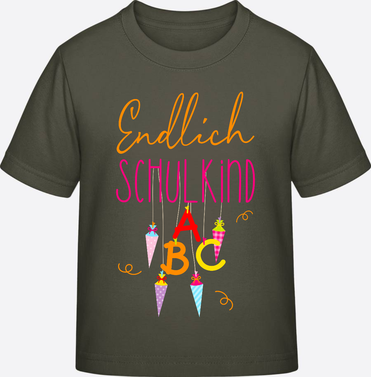 Kinder T-Shirt „Endlich Schulkind“ – Personalisiert mit Namen - Khaki