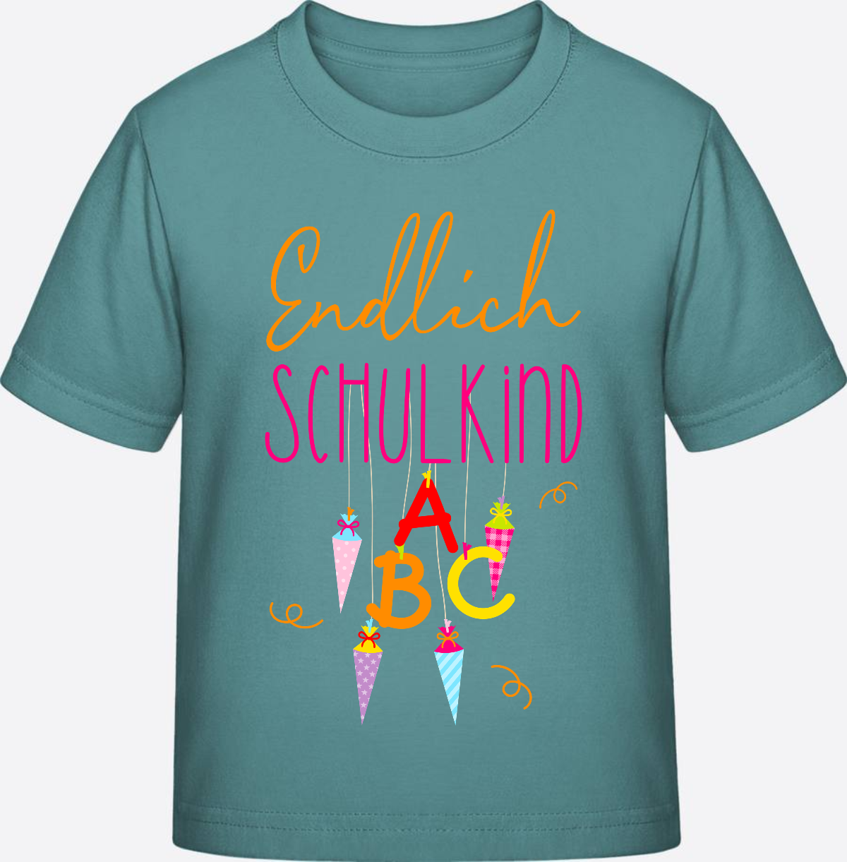 Kinder T-Shirt „Endlich Schulkind“ – Personalisiert mit Namen - Teal Monstera