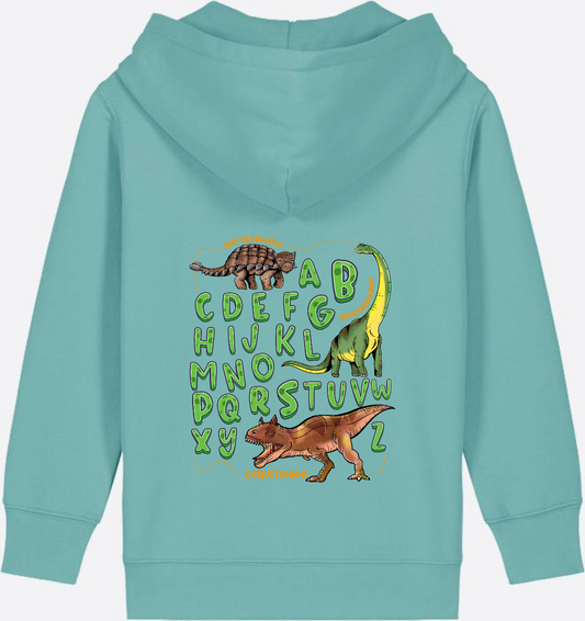 Kinder Zip-Hoodie Dino-Alphabet mit Name zur Einschulung - Teal Monstera