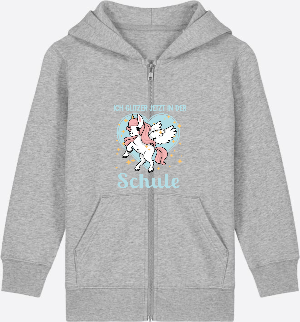 Kinder Zip-Hoodie Einhorn – Ich glitzer jetzt in der Schule - Heather Grey Herzseite