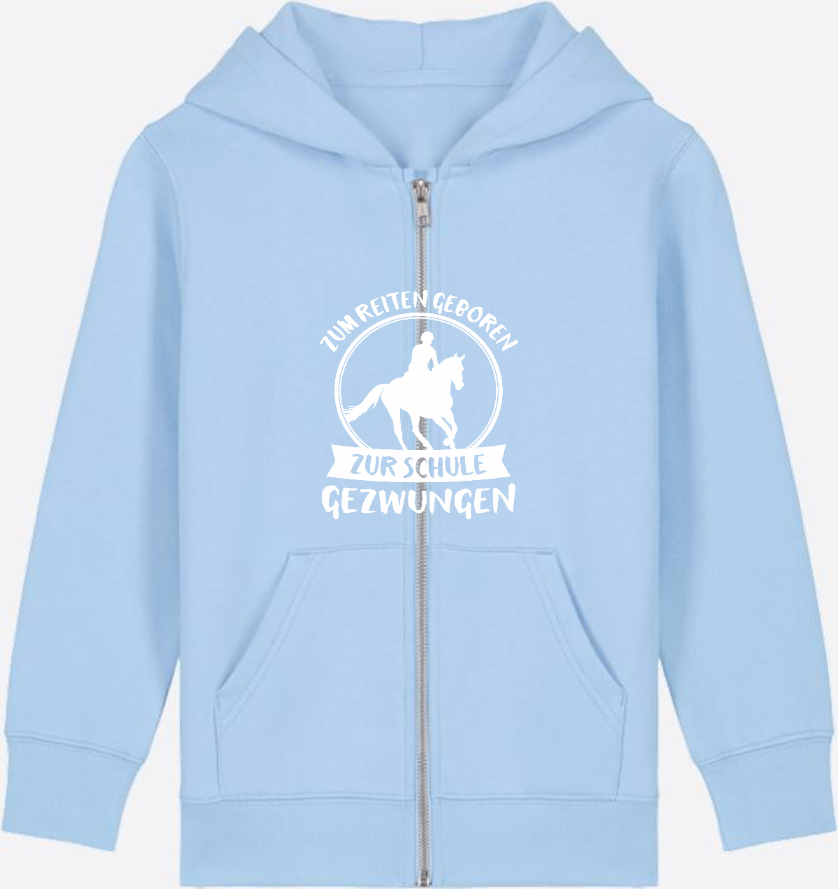 Kinder Zip-Hoodie Einschulung: Zum Reiten geboren - Blue Soul Herzseite