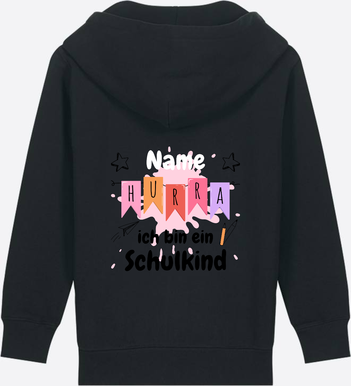 Kinder Zip-Hoodie Hurra ich bin ein Schulkind mit Name - Black
