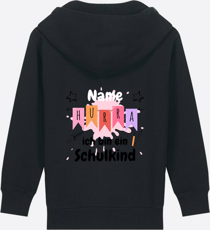 Kinder Zip-Hoodie Hurra ich bin ein Schulkind mit Name - Black