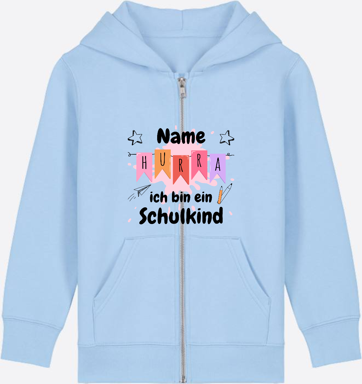 Kinder Zip-Hoodie Hurra ich bin ein Schulkind mit Name - Blue Soul Herzseite