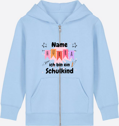 Kinder Zip-Hoodie Hurra ich bin ein Schulkind mit Name - Blue Soul Herzseite