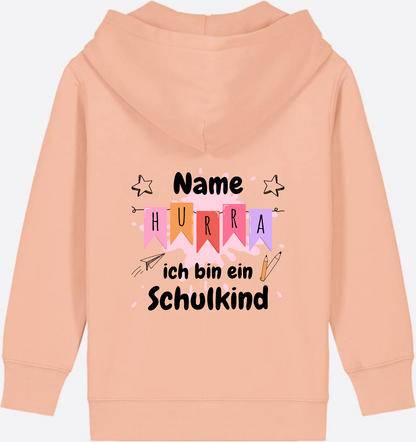 Kinder Zip-Hoodie Hurra ich bin ein Schulkind mit Name - Fraiche Peche
