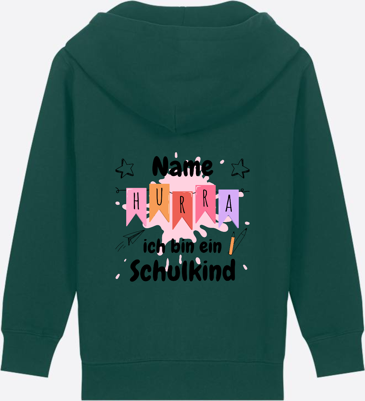 Kinder Zip-Hoodie Hurra ich bin ein Schulkind mit Name - Glazed Green