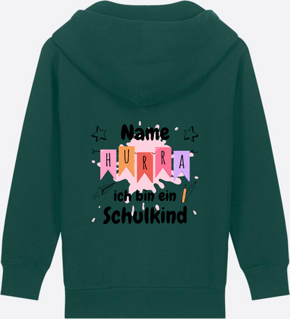 Kinder Zip-Hoodie Hurra ich bin ein Schulkind mit Name - Glazed Green