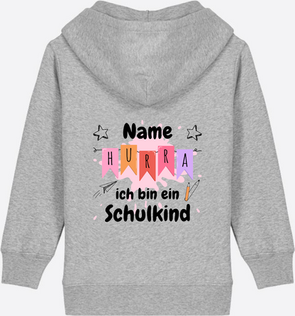 Kinder Zip-Hoodie Hurra ich bin ein Schulkind mit Name - Heather Grey