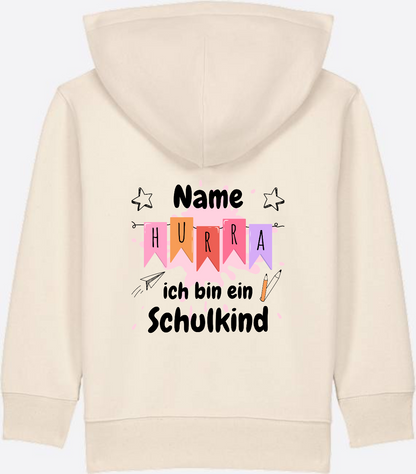 Kinder Zip-Hoodie Hurra ich bin ein Schulkind mit Name - Natural Raw