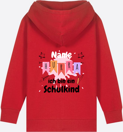Kinder Zip-Hoodie Hurra ich bin ein Schulkind mit Name - Red
