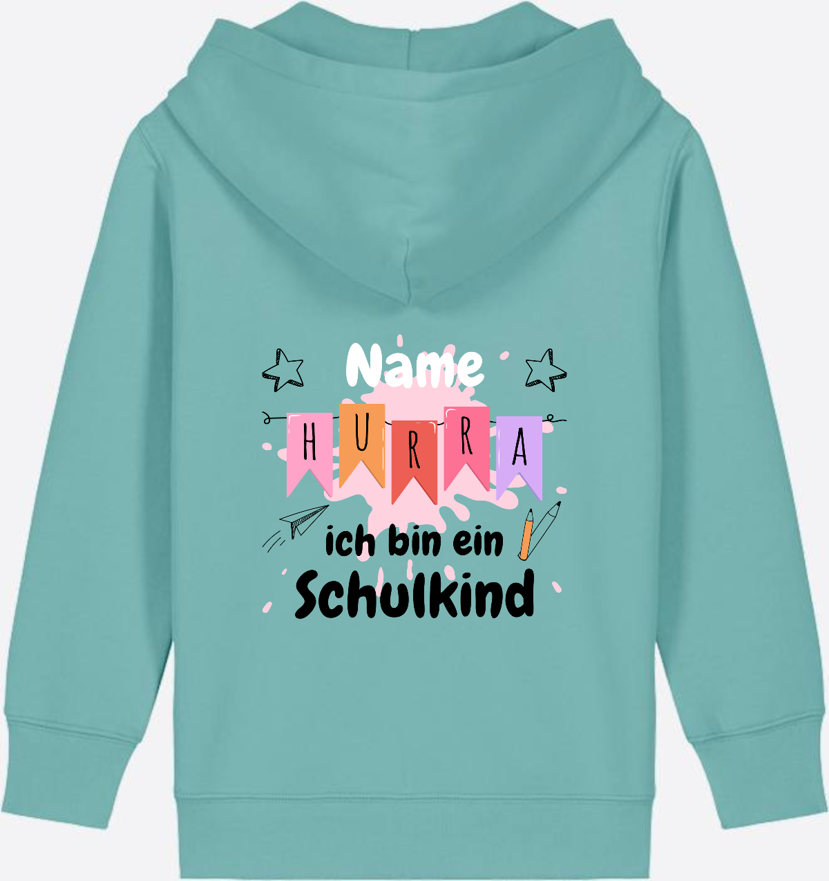 Kinder Zip-Hoodie Hurra ich bin ein Schulkind mit Name - Teal Monstera