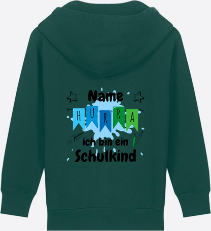 Kinder Zip-Hoodie Hurra ich bin ein Schulkind - Personalisiert - Glazed Green