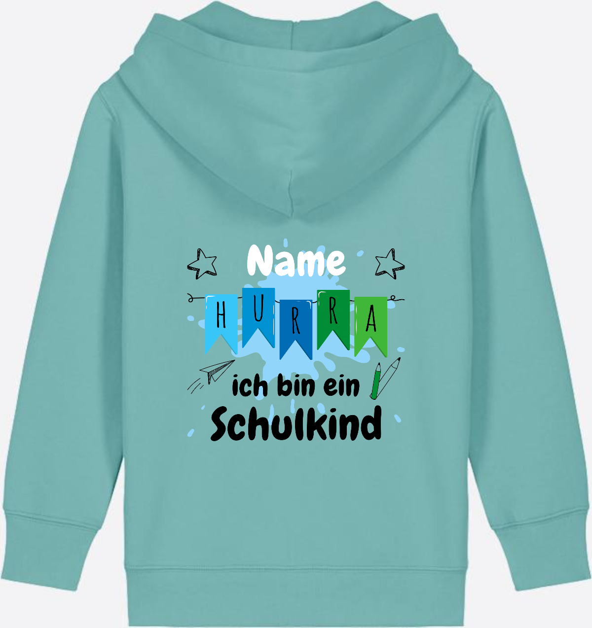 Kinder Zip-Hoodie Hurra ich bin ein Schulkind - Personalisiert - Teal Monstera