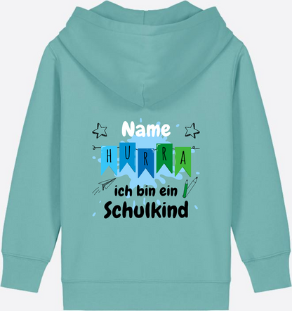 Kinder Zip-Hoodie Hurra ich bin ein Schulkind - Personalisiert - Teal Monstera