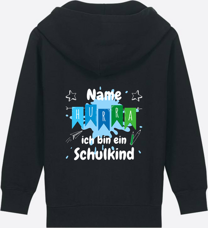 Kinder Zip-Hoodie "Hurra ich bin Schulkind" mit Name - Black