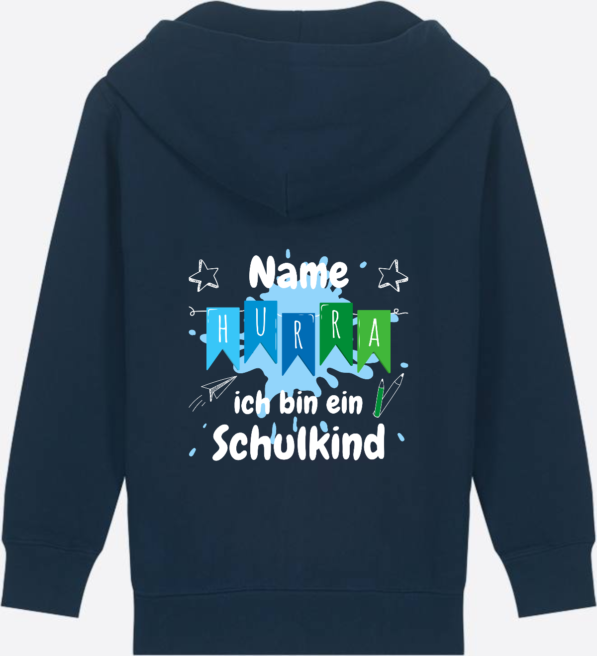Kinder Zip-Hoodie "Hurra ich bin Schulkind" mit Name - French Navy