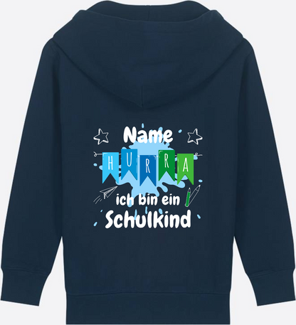 Kinder Zip-Hoodie "Hurra ich bin Schulkind" mit Name - French Navy