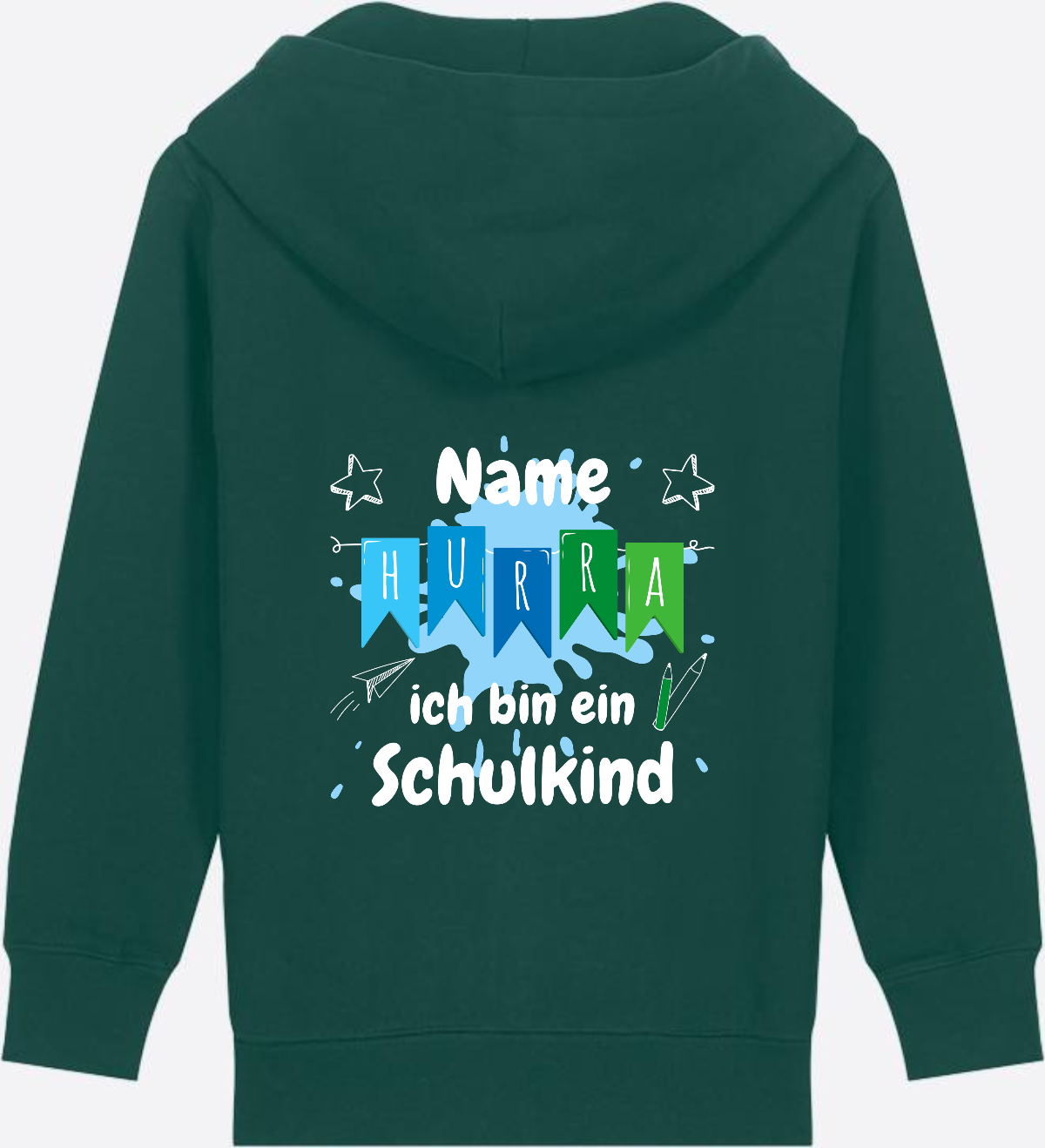 Kinder Zip-Hoodie "Hurra ich bin Schulkind" mit Name - Glazed Green