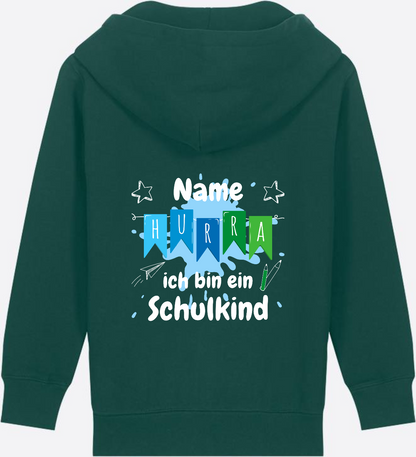 Kinder Zip-Hoodie "Hurra ich bin Schulkind" mit Name - Glazed Green