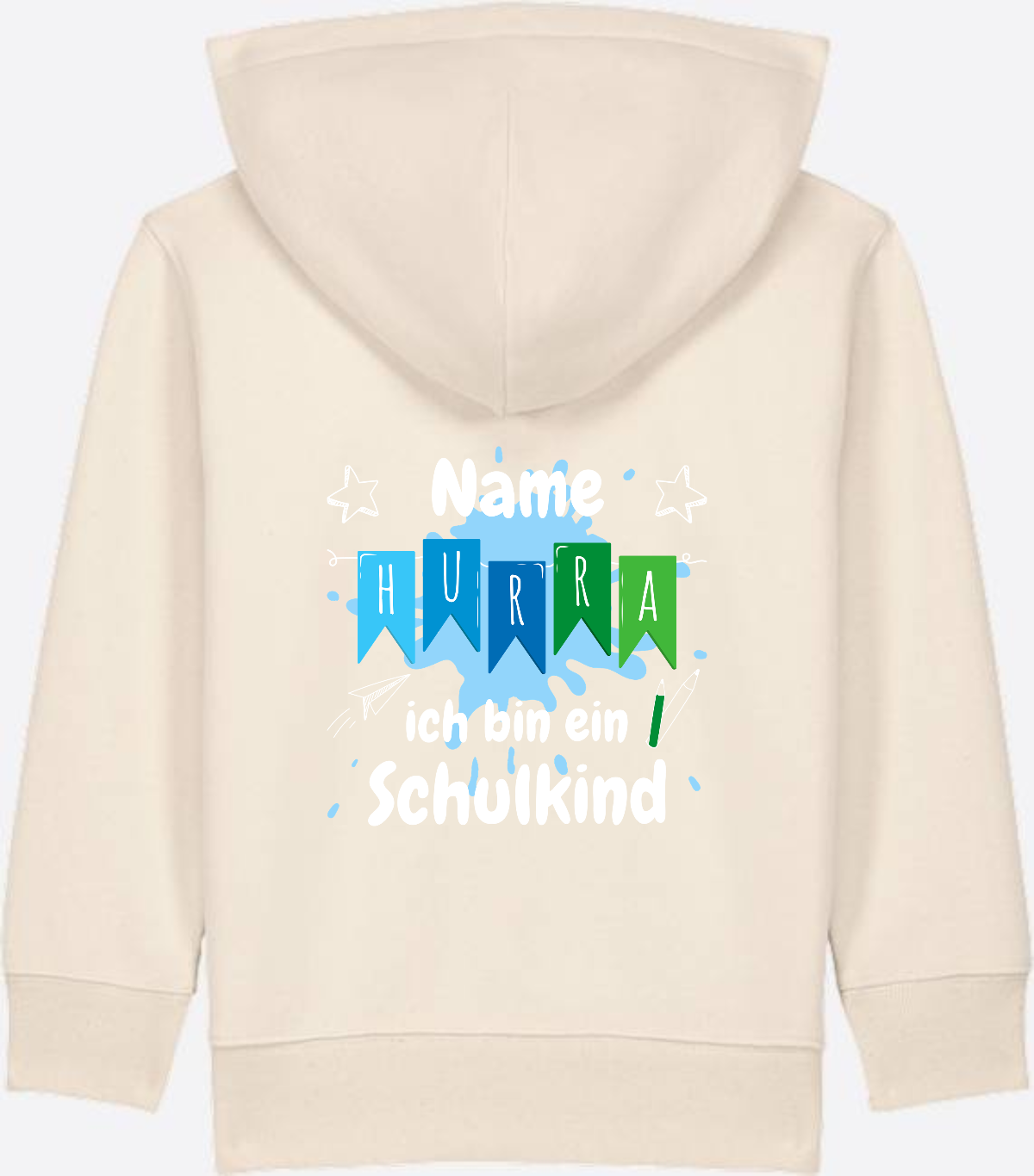 Kinder Zip-Hoodie "Hurra ich bin Schulkind" mit Name - Natural Raw