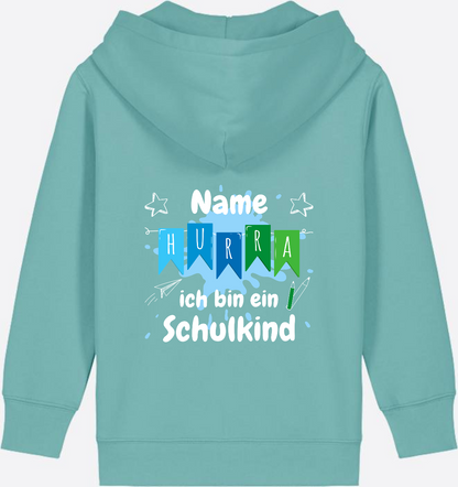 Kinder Zip-Hoodie "Hurra ich bin Schulkind" mit Name - Teal Monstera