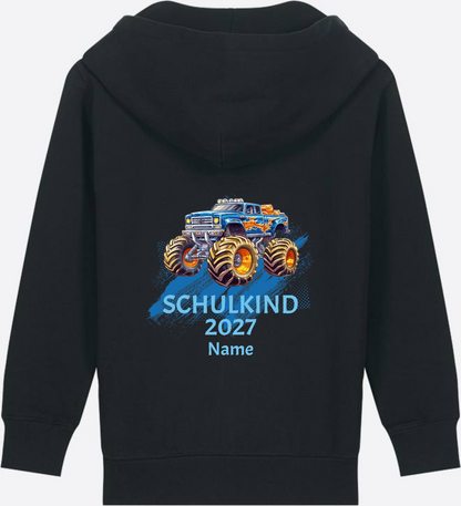 Kinder Zip-Hoodie zur Einschulung: Monstertruck mit Name - Black