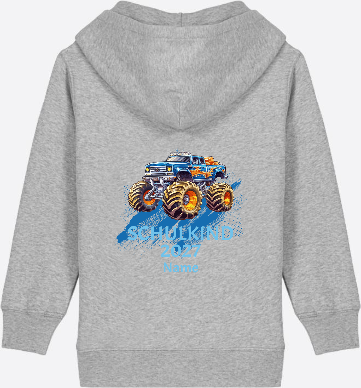 Kinder Zip-Hoodie zur Einschulung: Monstertruck mit Name - Heather Grey