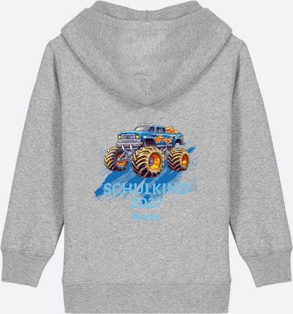 Kinder Zip-Hoodie zur Einschulung: Monstertruck mit Name - Heather Grey