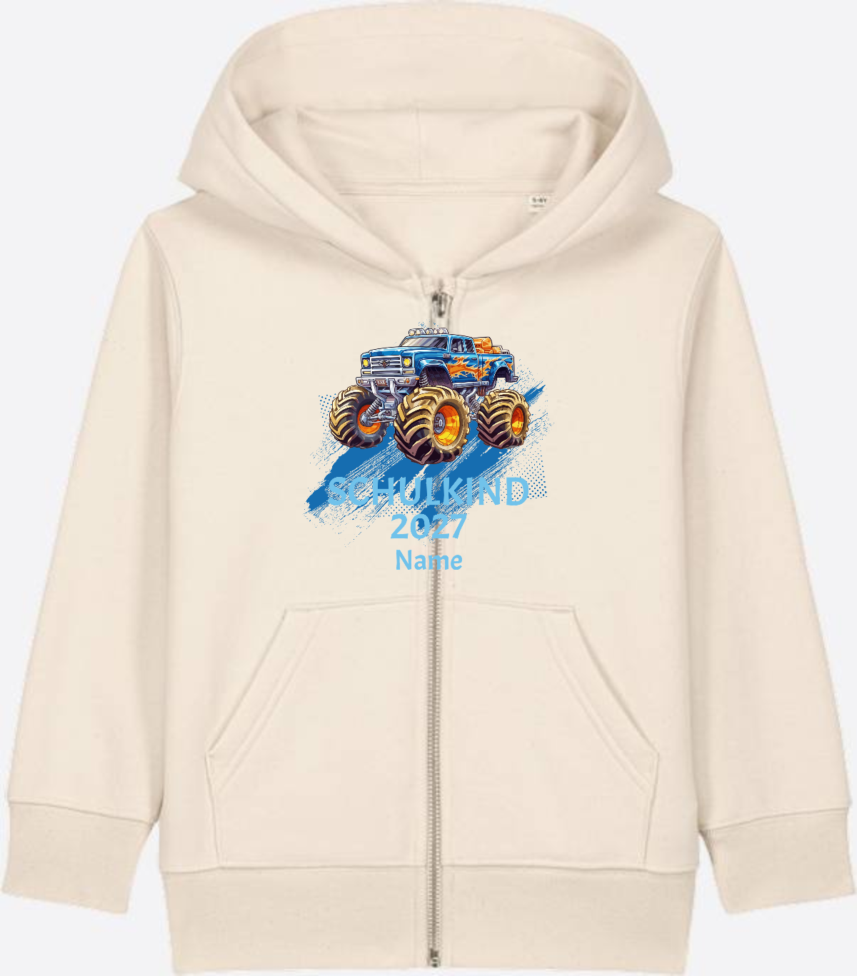 Kinder Zip-Hoodie zur Einschulung: Monstertruck mit Name - Natural Raw Herzseite