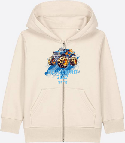 Kinder Zip-Hoodie zur Einschulung: Monstertruck mit Name - Natural Raw Herzseite