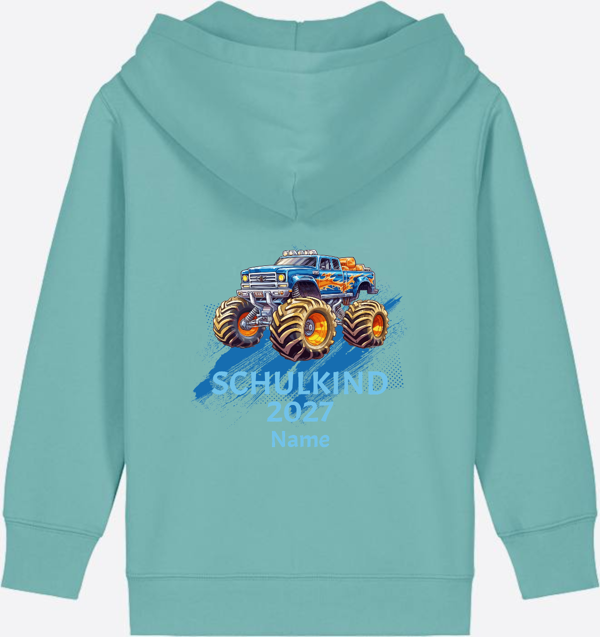Kinder Zip-Hoodie zur Einschulung: Monstertruck mit Name - Teal Monstera