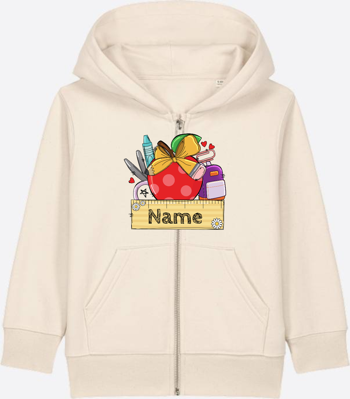 Kinder Zip-Hoodie zur Einschulung – Personalisiert mit Name - Natural Raw Herzseite