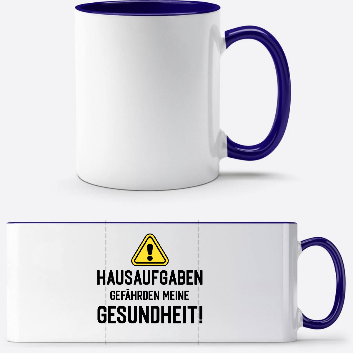 Lustige Tasse zur Einschulung: Hausaufgaben Warnschild mit Name - Weiß/Dunkelblau