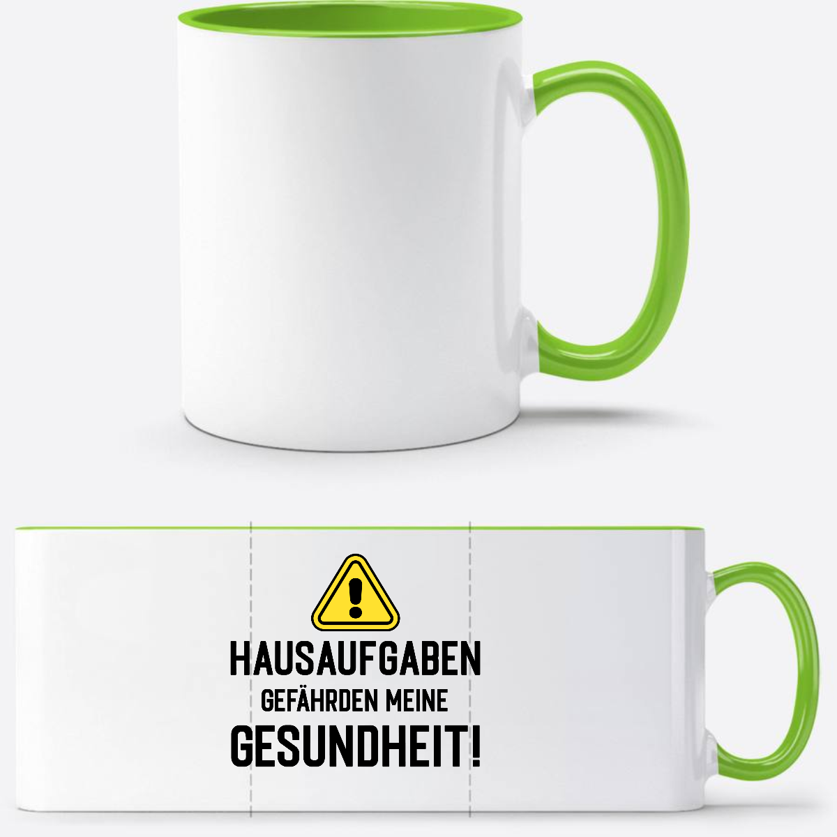 Lustige Tasse zur Einschulung: Hausaufgaben Warnschild mit Name - Weiß/Grün