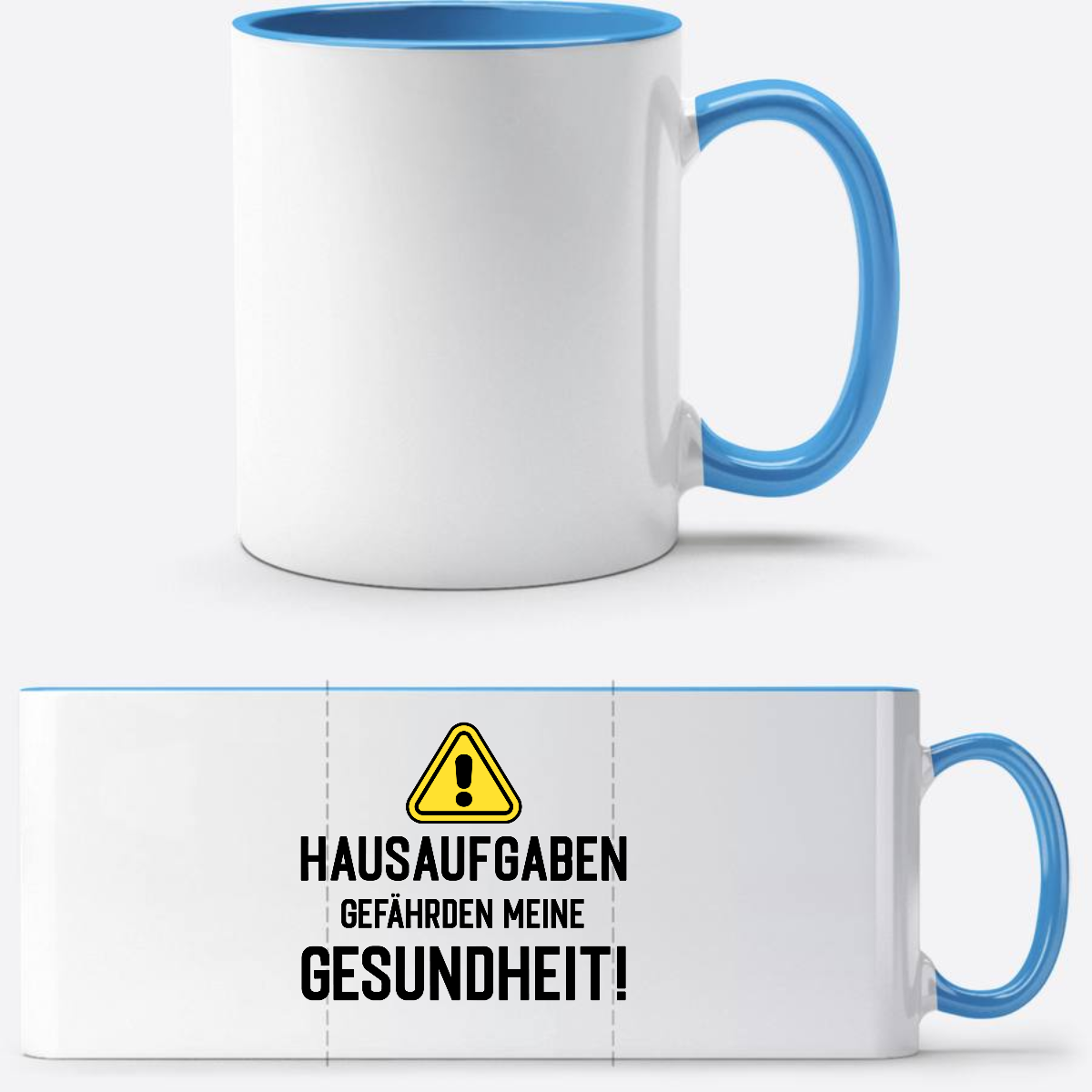 Lustige Tasse zur Einschulung: Hausaufgaben Warnschild mit Name - Weiß/Hellblau
