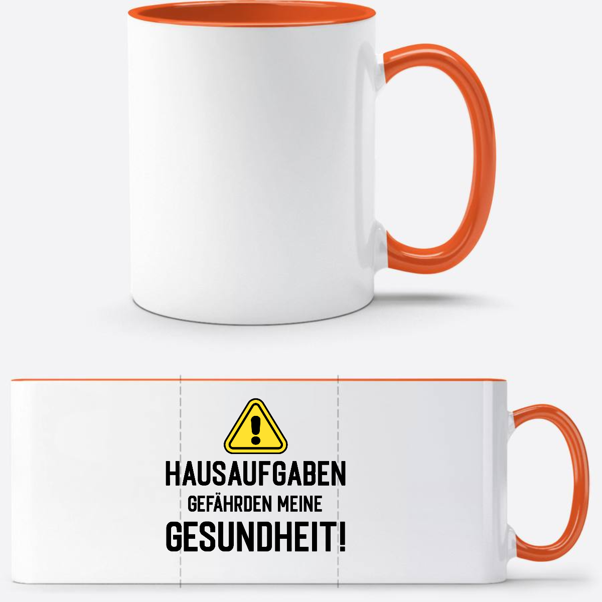 Lustige Tasse zur Einschulung: Hausaufgaben Warnschild mit Name - Weiß/Orange