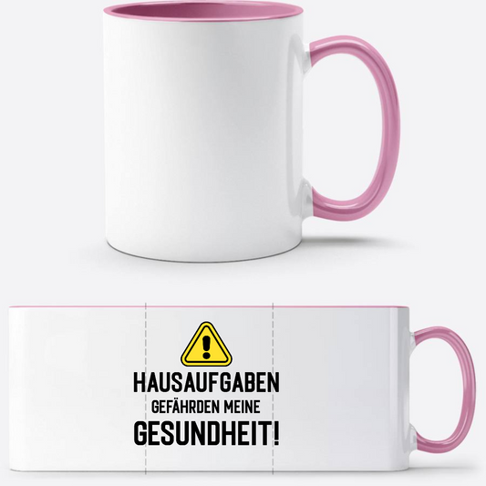Lustige Tasse zur Einschulung: Hausaufgaben Warnschild mit Name - Weiss/Rosa