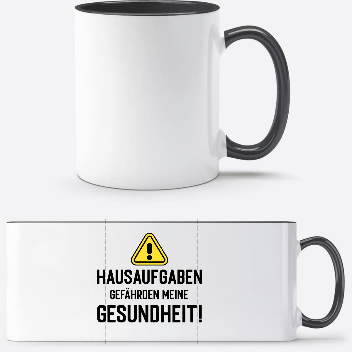 Lustige Tasse zur Einschulung: Hausaufgaben Warnschild mit Name - Weiß/Schwarz