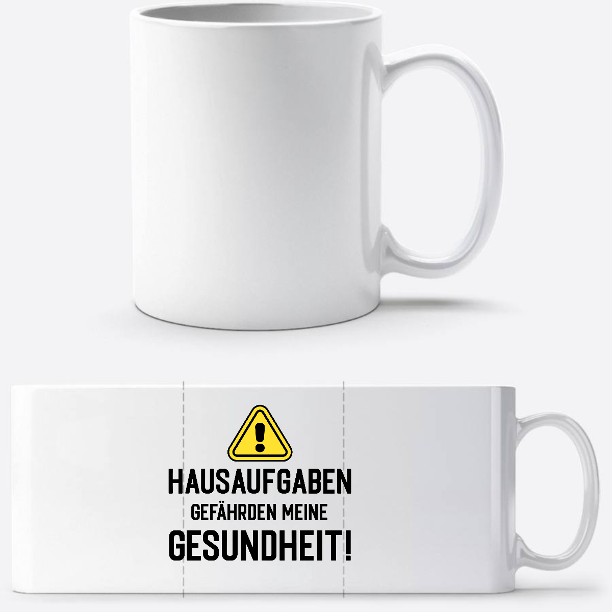 Lustige Tasse zur Einschulung: Hausaufgaben Warnschild mit Name - Weiß
