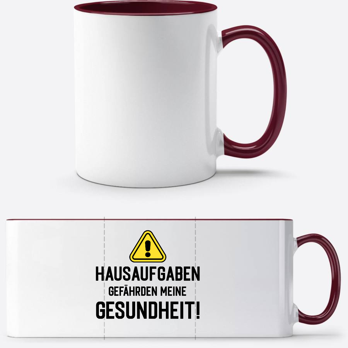 Lustige Tasse zur Einschulung: Hausaufgaben Warnschild mit Name - White/Bordeaux
