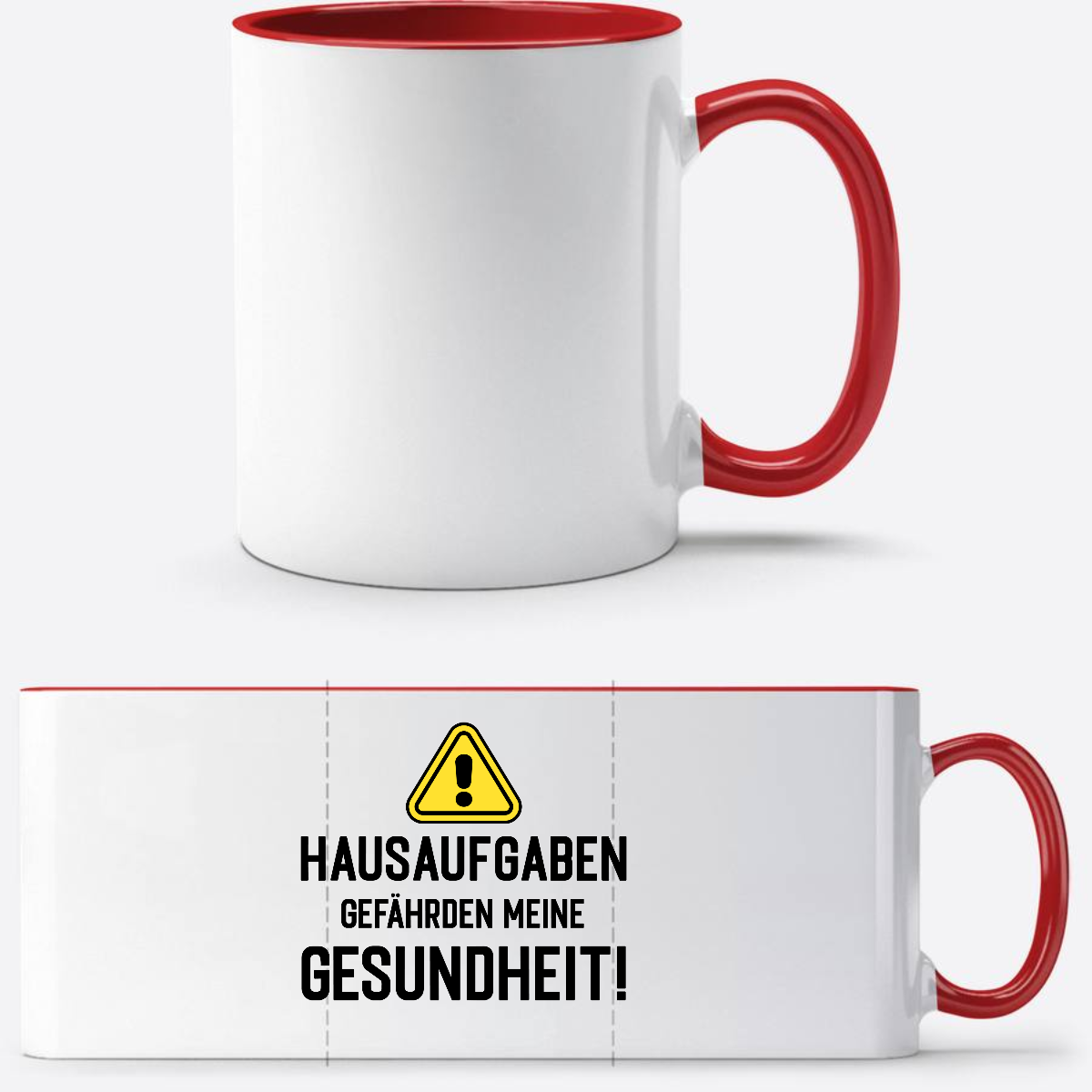 Lustige Tasse zur Einschulung: Hausaufgaben Warnschild mit Name - White/Red
