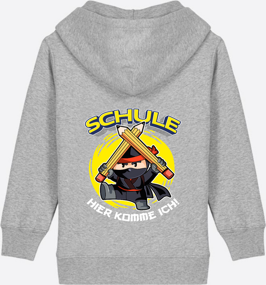 Ninja Zip-Hoodie zur Einschulung – Schule hier komme ich mit Name - Heather Grey